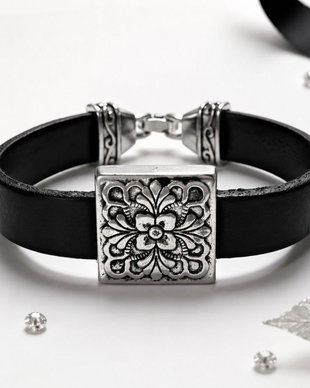 Bratara piele cu link argintiu model floral