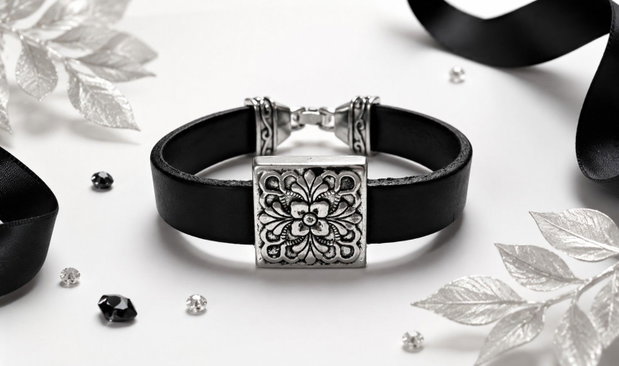 Bratara piele cu link argintiu model floral