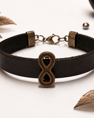 Bratara piele cu link bronz infinit