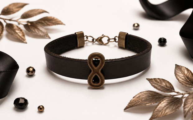 Bratara piele cu link bronz infinit
