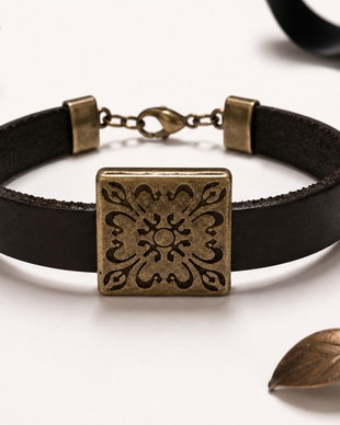 Bratara piele cu link bronz model floral