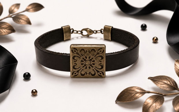 Bratara piele cu link bronz model floral