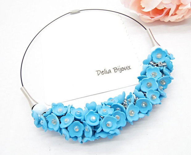 Colier handmade statement cu flori bleu - Eleganță Florală (cod1463)