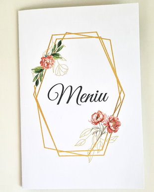 Meniu nunta cu auriu si bujori somon