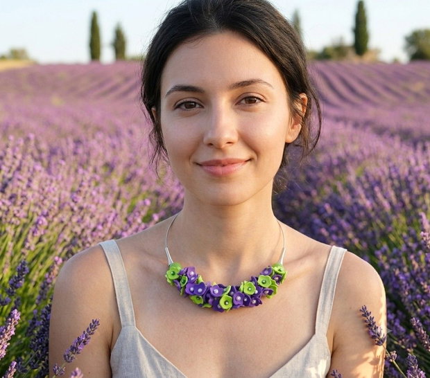 Colier handmade statement cu flori mov si verzi - Eleganță Florală (cod1464)