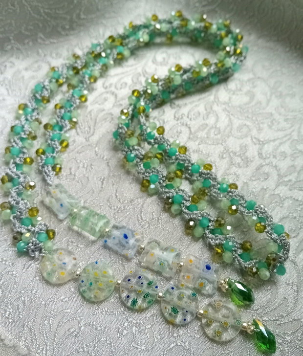 Colier crosetat cristale,margele murano millefiori