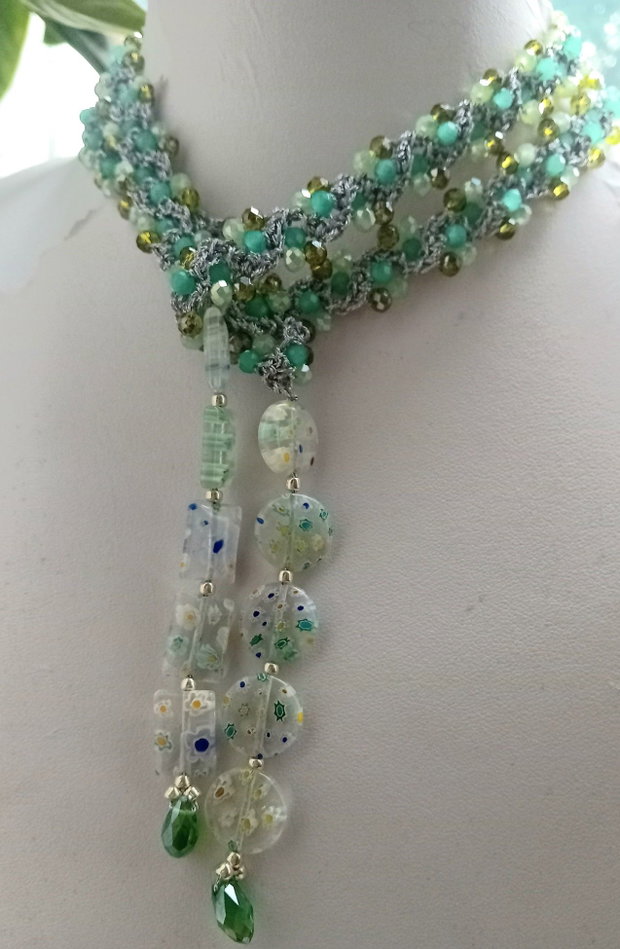 Colier crosetat cristale,margele murano millefiori
