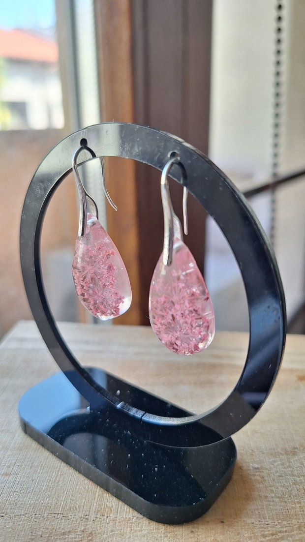 Set bijuterii handmade cercei si pandantiv cu flori naturale uscate Pink Blossom