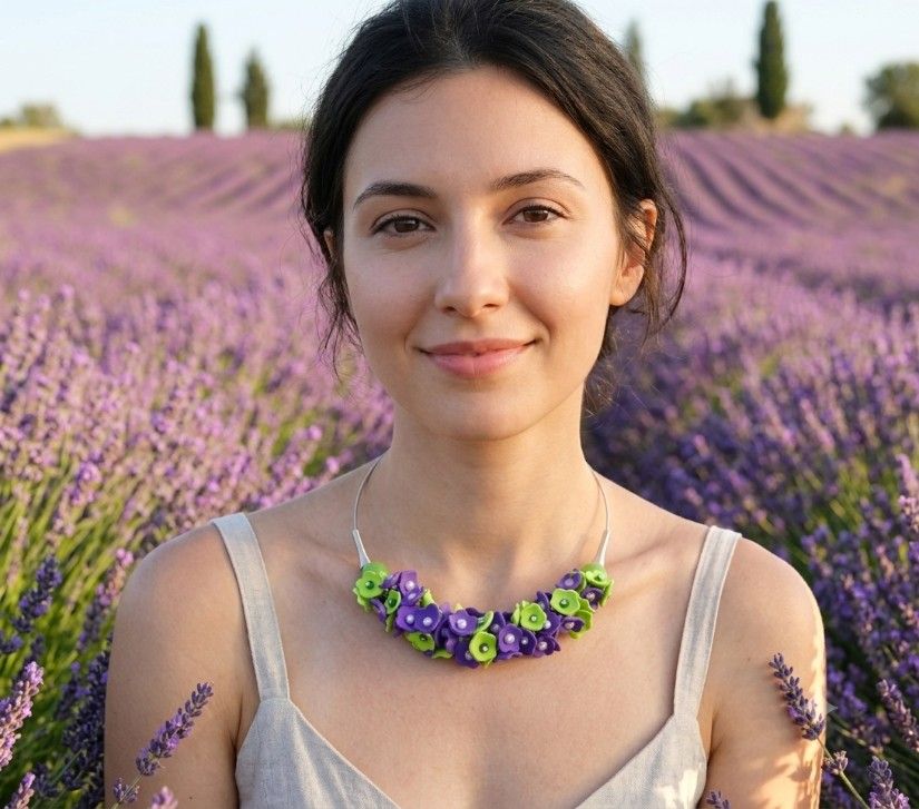 Colier handmade statement cu flori mov si verzi - Eleganță Florală (cod1464)