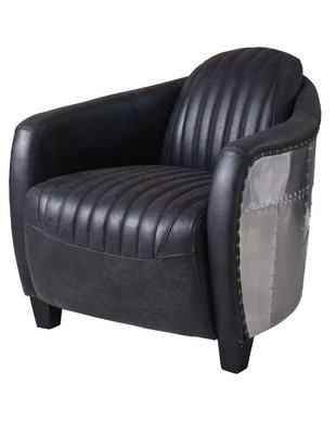 Fotoliu industrial din lemn masiv cu piele groasa neagra