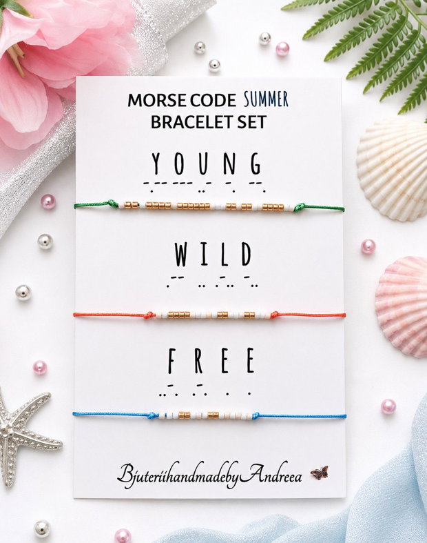 Set bratari reglabile Code Morse Collection Young/Wild/Free