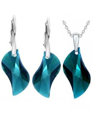 Set Cristale Swarovski wave leaf emerald si argint 925 - CE1538, PA1538 - Cercei cristale verzi, cercei romantici, cercei mari stralucitori, cadou pentru ea, cercei ocazie
