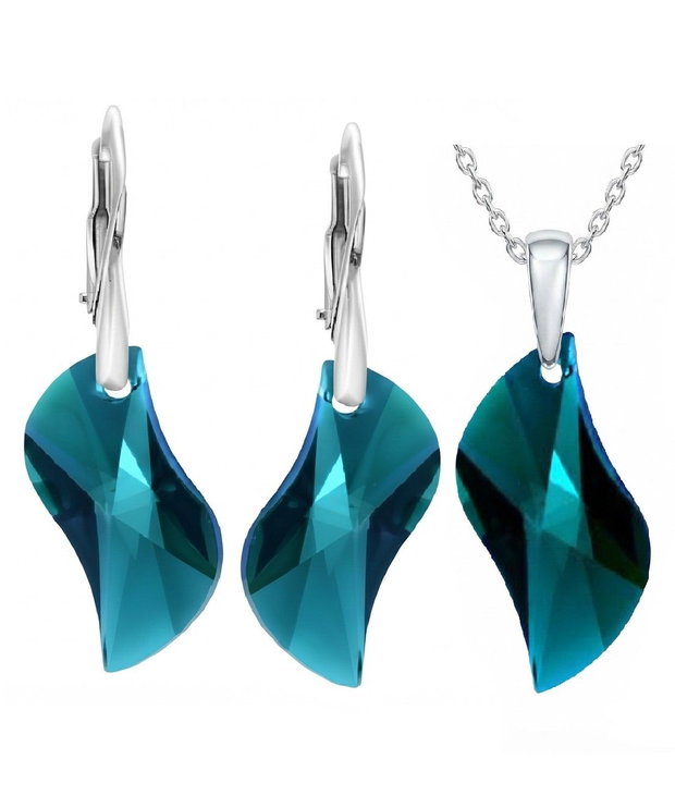 Set Cristale Swarovski wave leaf emerald si argint 925 - CE1538, PA1538 - Cercei cristale verzi, cercei romantici, cercei mari stralucitori, cadou pentru ea, cercei ocazie