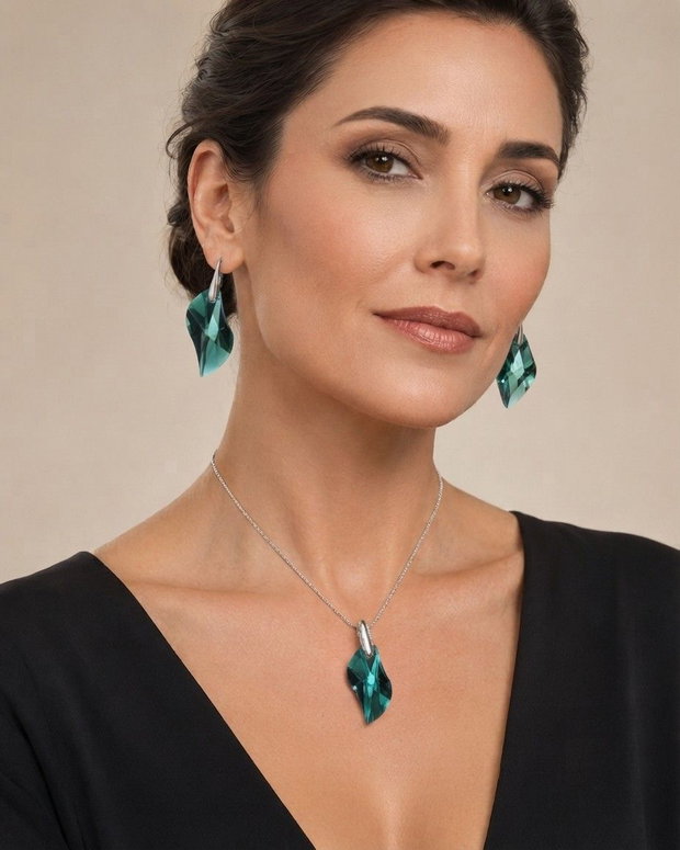 Set Cristale Swarovski wave leaf emerald si argint 925 - CE1538, PA1538 - Cercei cristale verzi, cercei romantici, cercei mari stralucitori, cadou pentru ea, cercei ocazie