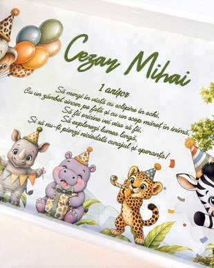Set aniversar personalizat 1 anisor - Safari Birthday Party - Tavita mot si accesorii