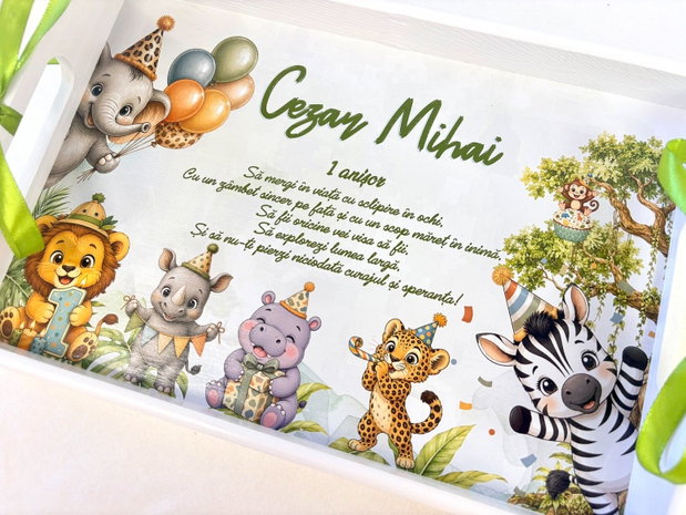 Set aniversar personalizat 1 anisor - Safari Birthday Party - Tavita mot si accesorii