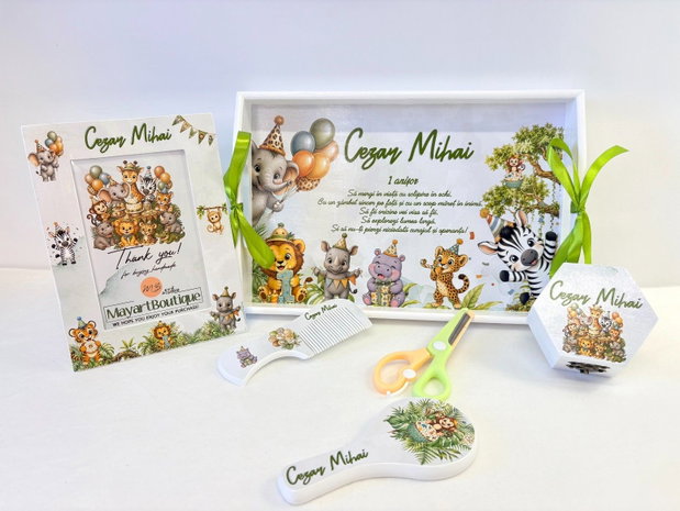 Set aniversar personalizat 1 anisor - Safari Birthday Party - Tavita mot si accesorii