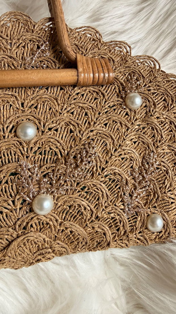 Geantă vintage handmade  cu mânere din bambus