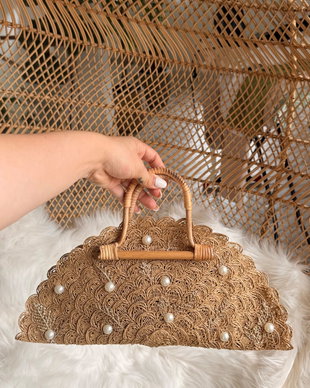 Geantă vintage handmade  cu mânere din bambus
