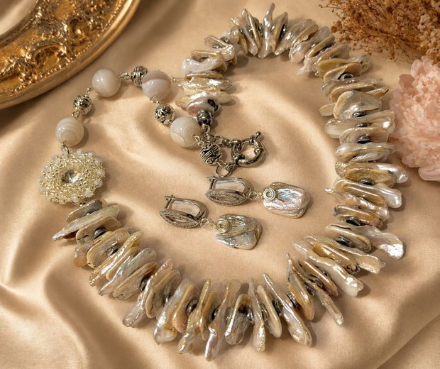 SET~UNFORGETTABLE~perle biwa,perle naturale,hematit electroplacat,agate,rivoli,toho,accesorii placate argint