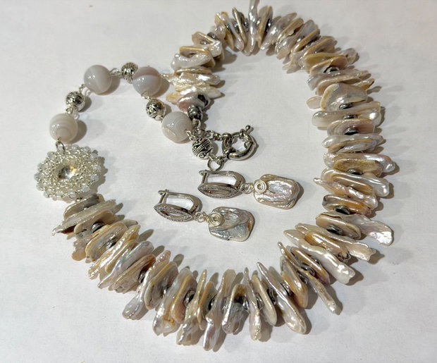 SET~UNFORGETTABLE~perle biwa,perle naturale,hematit electroplacat,agate,rivoli,toho,accesorii placate argint