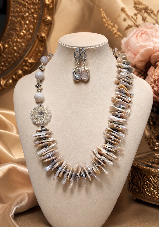 SET~UNFORGETTABLE~perle biwa,perle naturale,hematit electroplacat,agate,rivoli,toho,accesorii placate argint