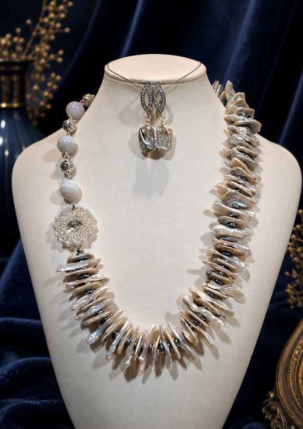 SET~UNFORGETTABLE~perle biwa,perle naturale,hematit electroplacat,agate,rivoli,toho,accesorii placate argint