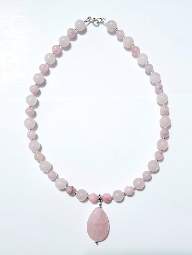 Colier argint 925 cu cuart roz, agat cherry blossom si hematit
