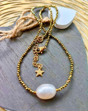 Colier CHOKER hematite aurii & perla alba baroc