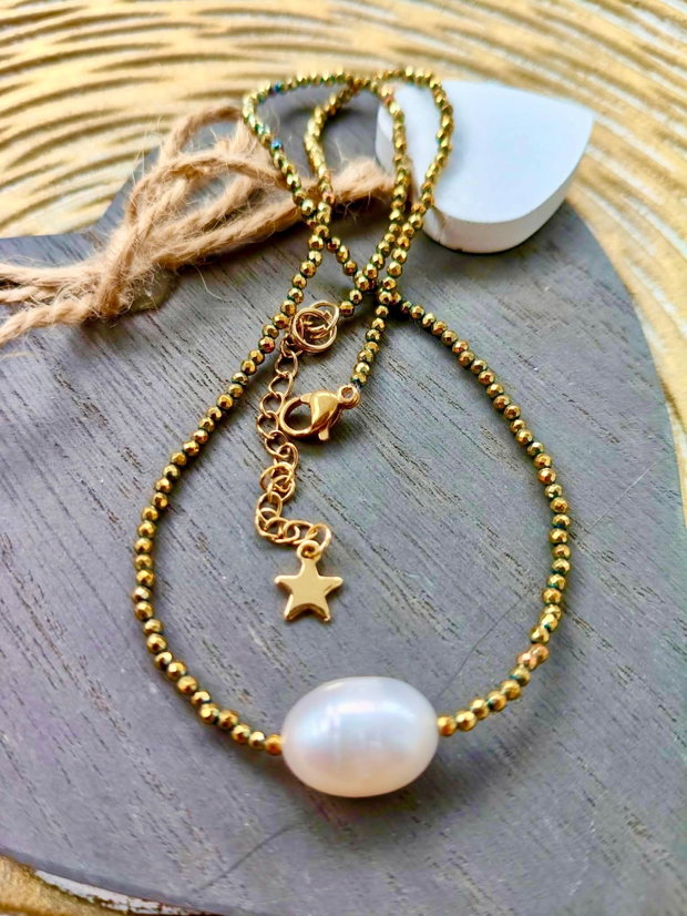 Colier CHOKER hematite aurii & perla alba baroc