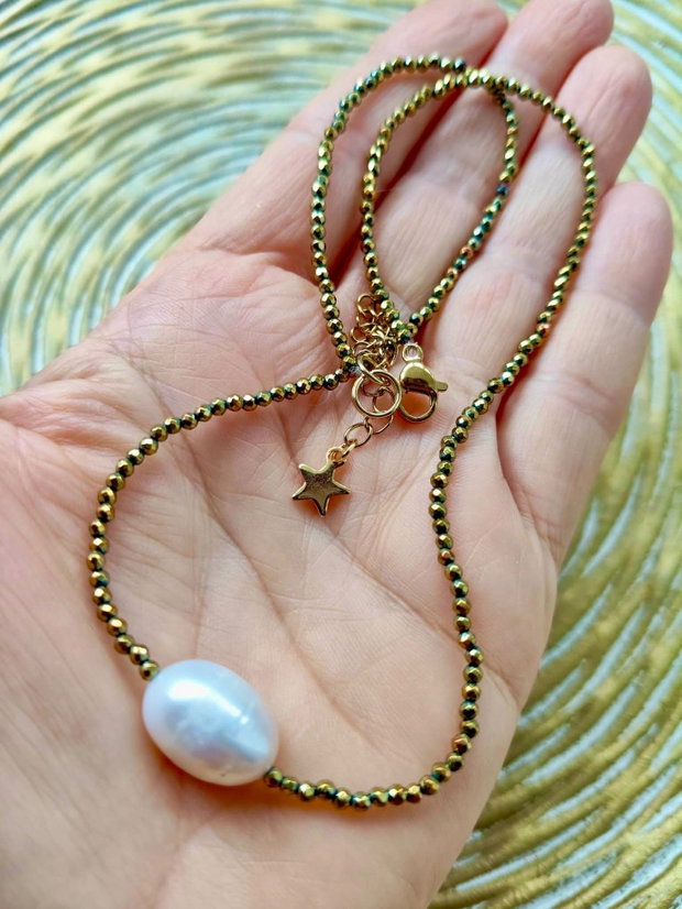 Colier CHOKER hematite aurii & perla alba baroc