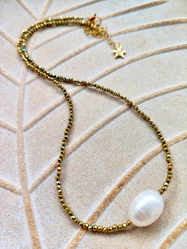 Colier CHOKER hematite aurii & perla alba baroc