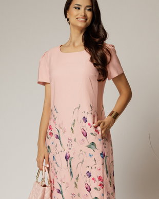 Rochie midi roz cu imprimeuri si croi drept cu buzunare