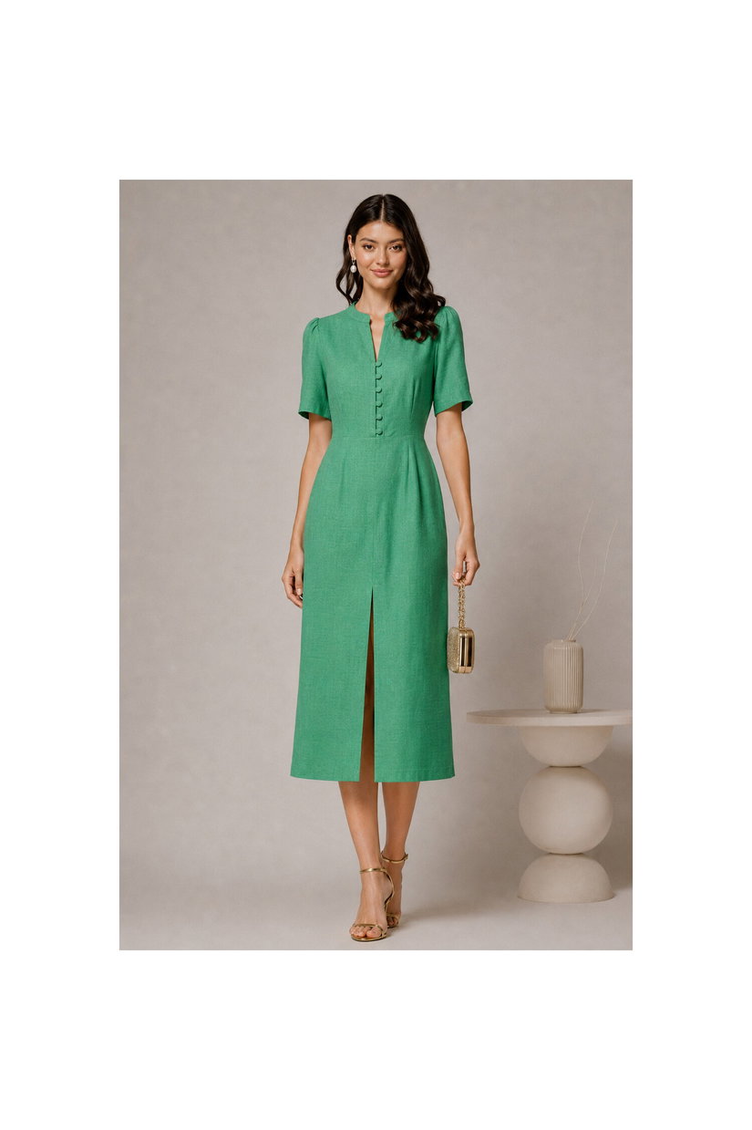 Rochie DY Fashion verde de zi de vara cu maneci scurte si nasturi la bust
