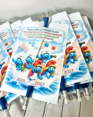 Card personalizat cu creion, cadou pentru prima si de zi de scoala - tema strumfi