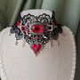 Colier CHOKER elegant victorian handmade negru si rosu motiv inima cu dantela, catifea si charm