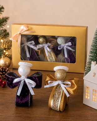 Set 3 Îngerași Decorativi Craciun Brad-in cutie- cadou handmade - Mov Regal & Auriu Glitter - Decorațiuni 12cm