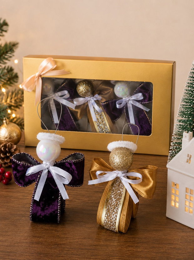Set 3 Îngerași Decorativi Craciun Brad-in cutie- cadou handmade - Mov Regal & Auriu Glitter - Decorațiuni 12cm