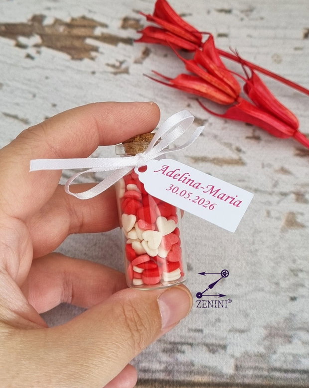 Marturii nunta sau botez sticlute cu inimioare colorate, marturii botez inimioare, marturii inimioare, marturii sticluta