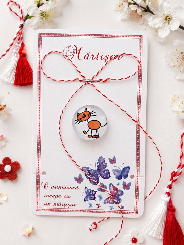 Brosa martisor cabochon sticla pisicuta