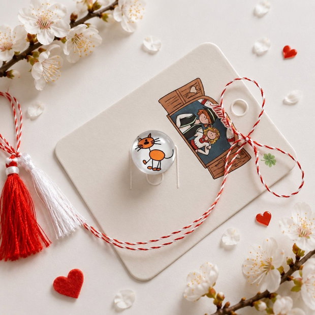 Brosa martisor cabochon sticla 16mm pisicuta