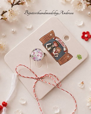 Brosa martisor cabochon sticla 14mm flori