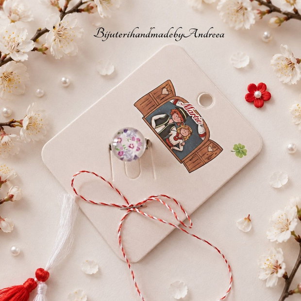 Brosa martisor cabochon sticla 14mm flori