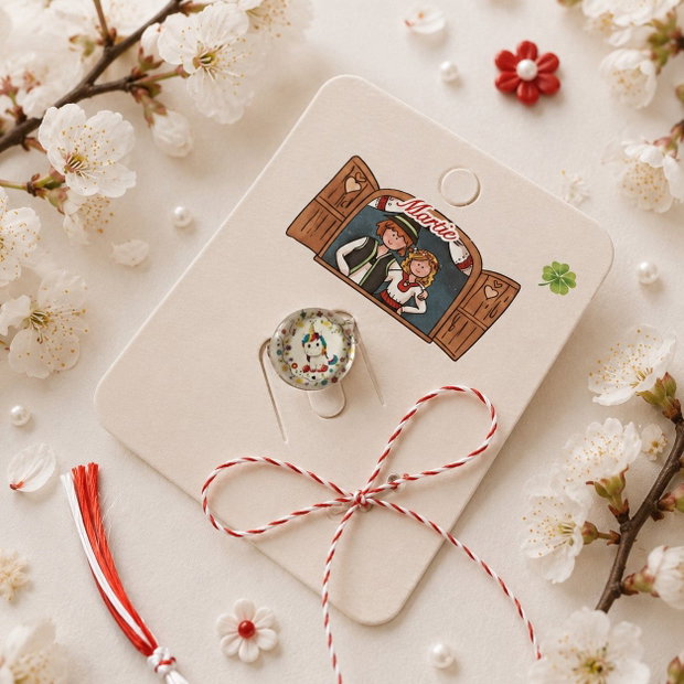 Brosa martisor cabochon sticla 14mm ponei