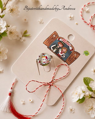 Brosa martisor cabochon sticla 14mm ponei