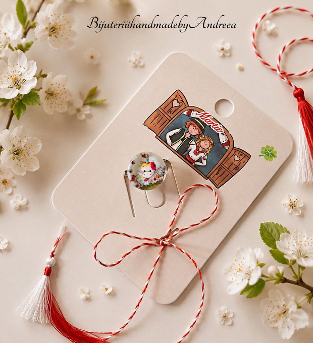 Brosa martisor cabochon sticla 14mm ponei