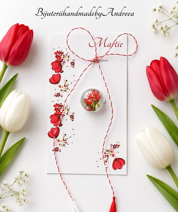 Brosa martisor cabochon sticla 14mm lalele