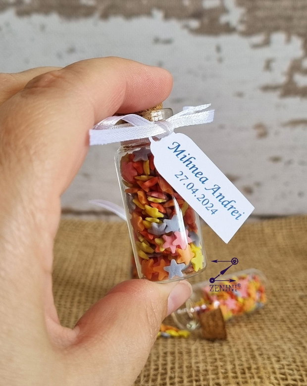 Marturii nunta stelute, marturii botez sticlute cu stelute colorate, marturie nunta sticluta