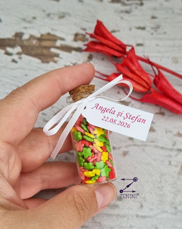 Marturii nunta bomboane flori, marturii botez sticlute cu flori colorate, marturie nunta sticluta