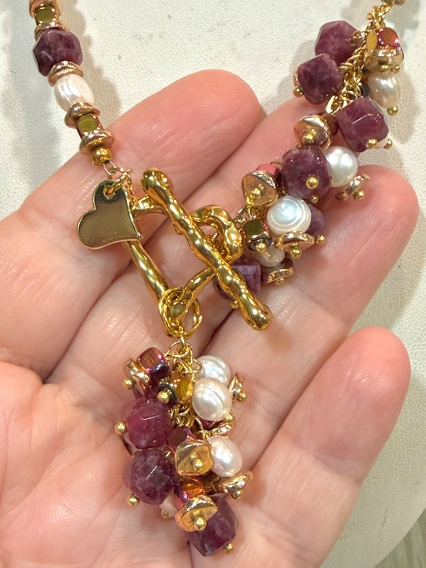 SET~BURGUNDY ELEGANCE~jad fațetat,perle de cultură,hematit electroplacat,accesorii placate cu aur,inox